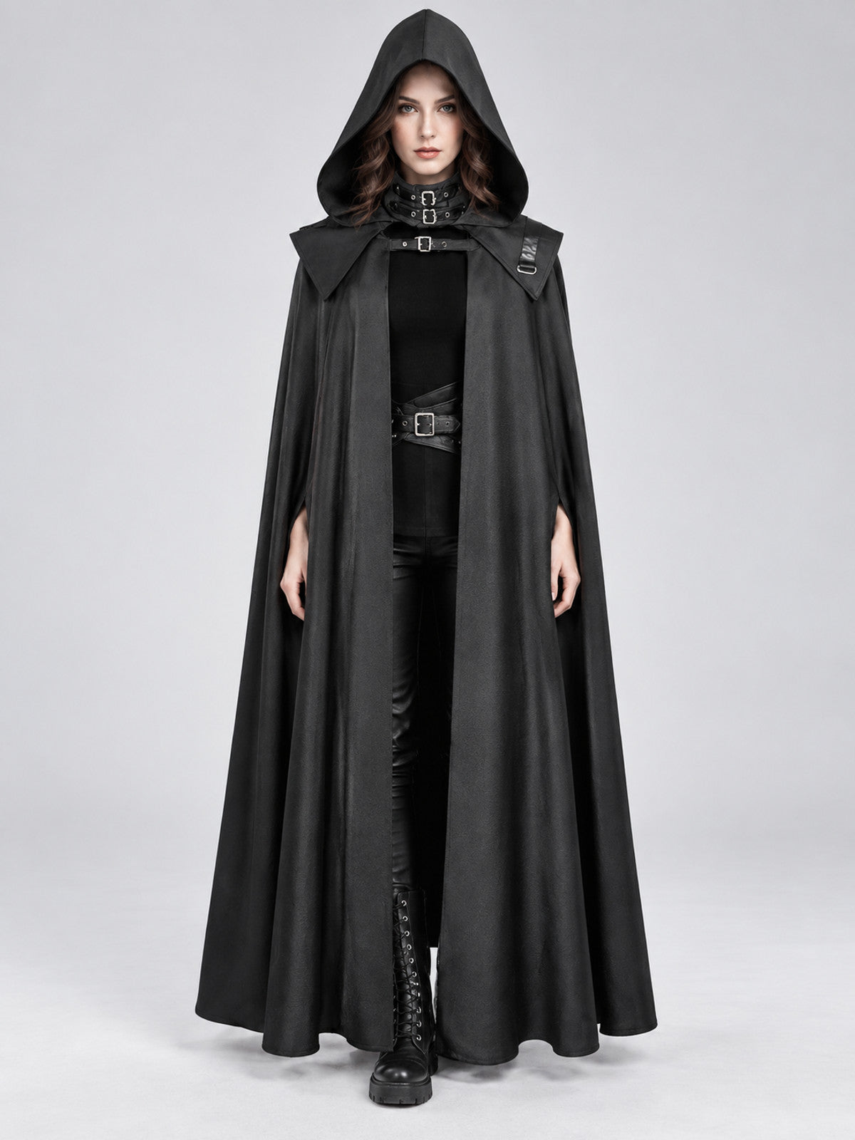 Black Long Hooded Cloak with Buckles