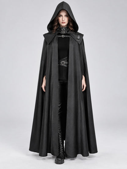 Black Long Hooded Cloak with Buckles