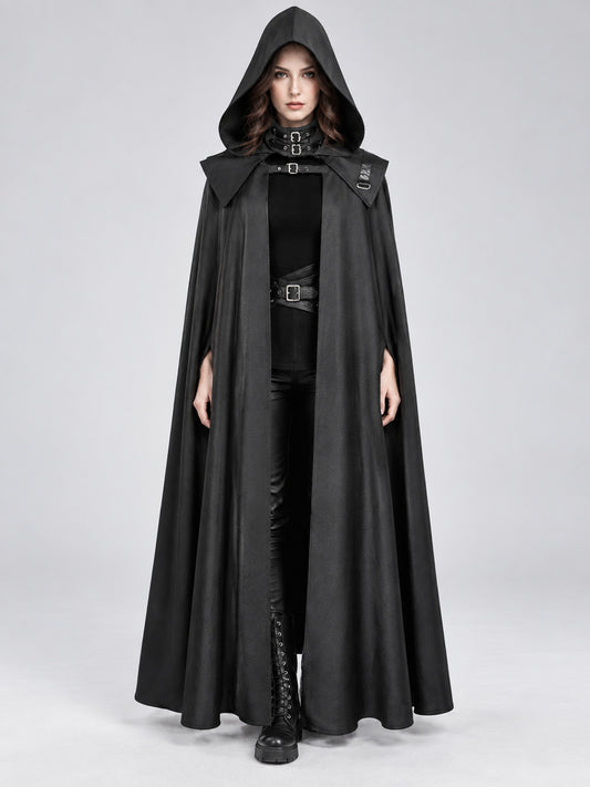 Black Long Hooded Cloak with Buckles