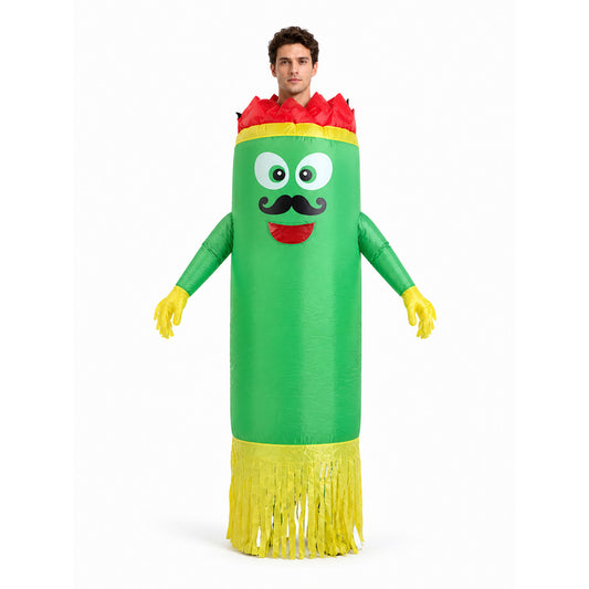Adult wearing green inflatable tube man costume with red crown and mustache face, front view