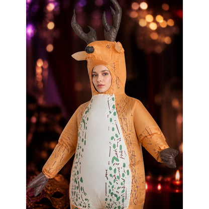 Unisex Reindeer Hooded Onesie Costume with Antlers, White Belly and Green Trim on-model view