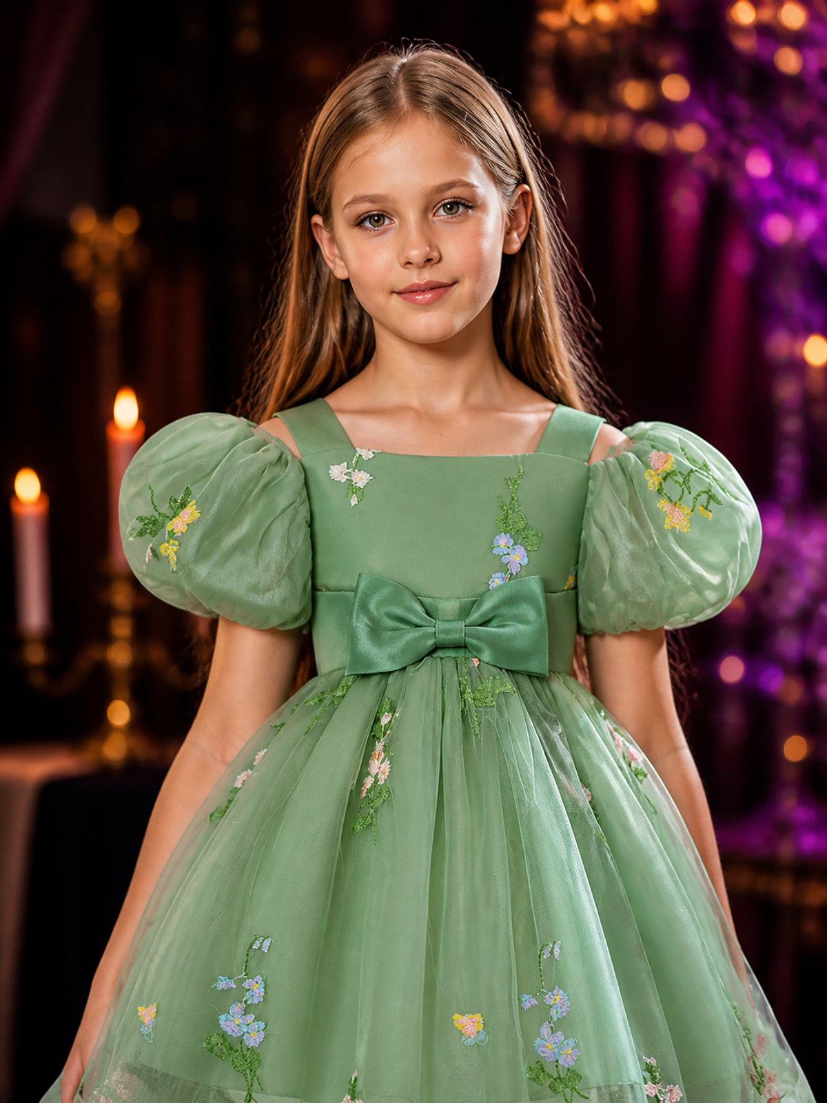 Baby Girls Green Floral Embroidered Puff Sleeve Tulle Princess Dress on-model view