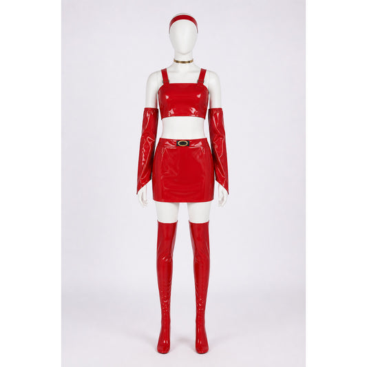 Red patent cosplay costume on a mannequin: crop vest, mini skirt with oval buckle, arm sleeves, thigh-high stockings, headband and gold choker
