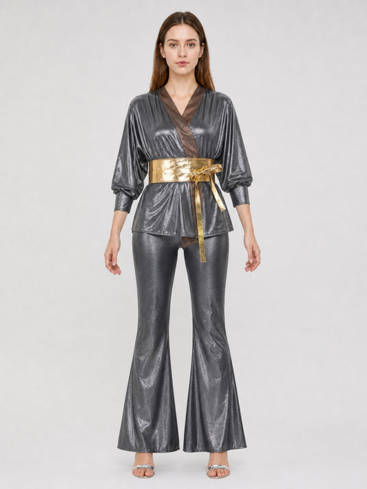 70s Retro Disco Costume: Top, Pants, and Belt front view