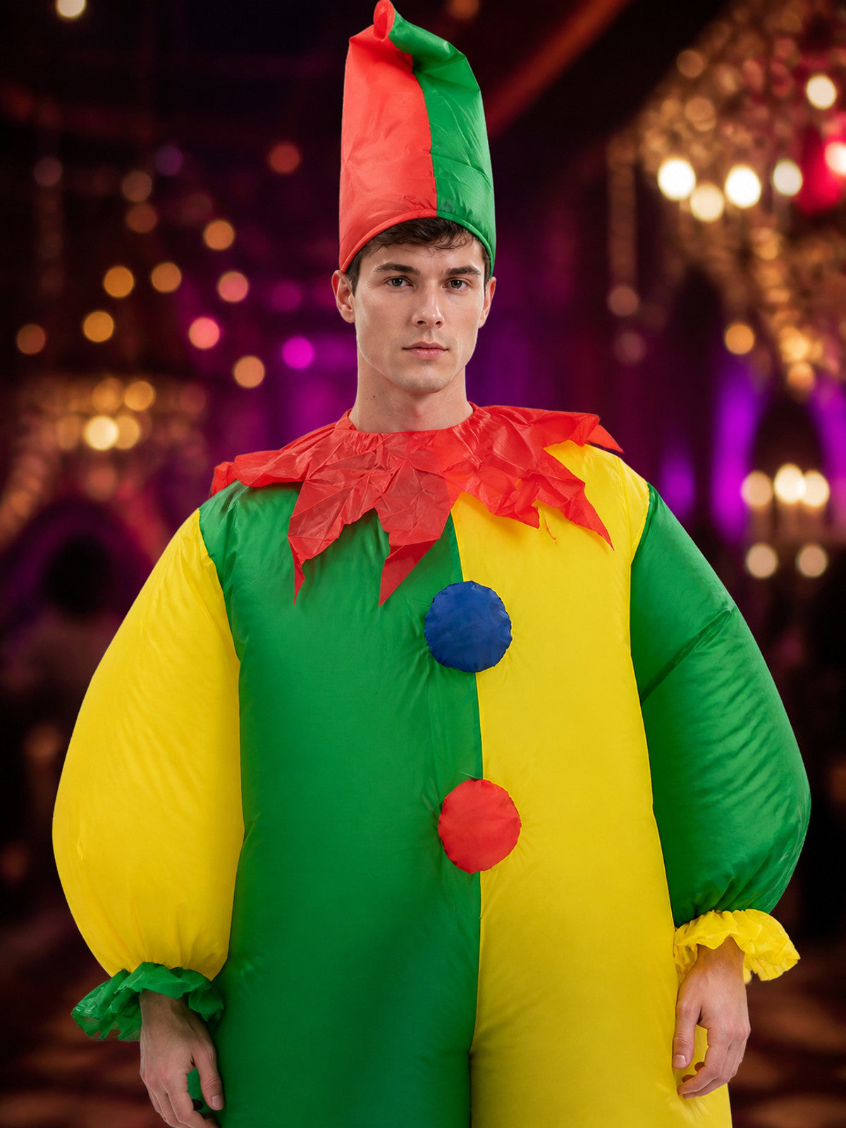 Colorful Jester Clown Inflatable Costume with Diamond Pattern and Jester Hat for on-model view