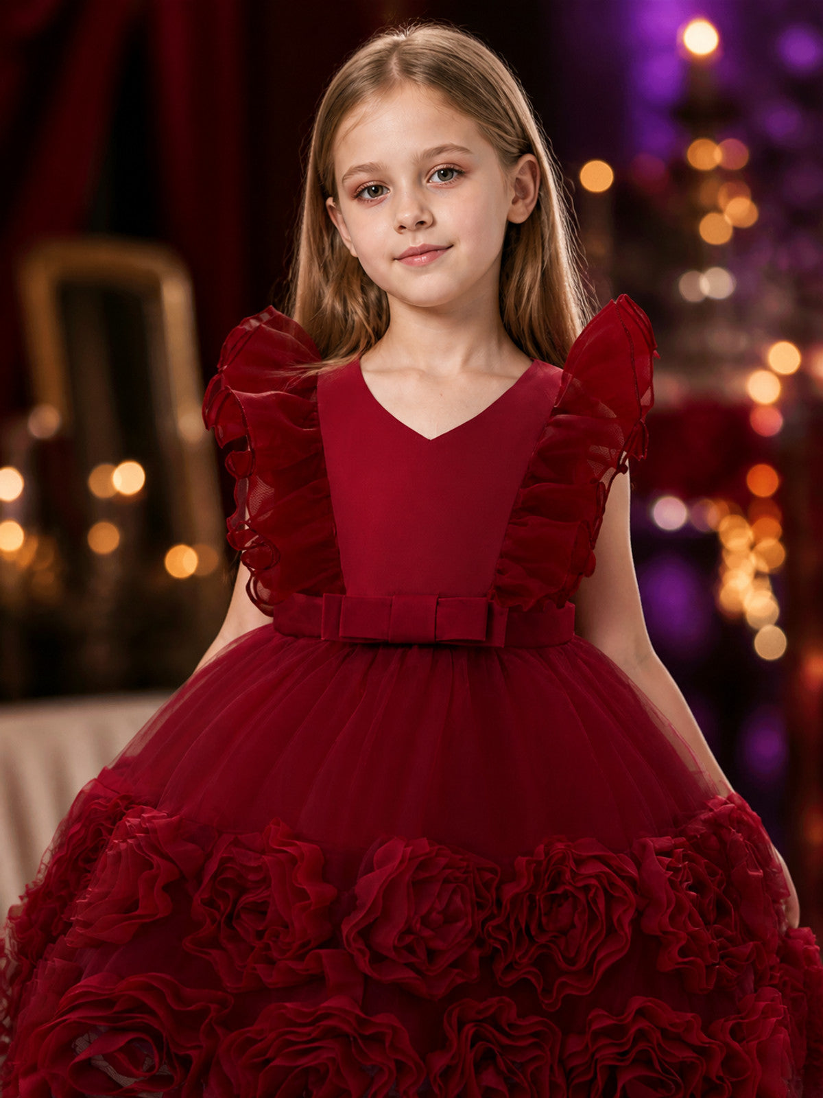Toddler Girls' Maroon Princess Dress with Tulle Skirt, Rose Details and Bow Belt on-model view