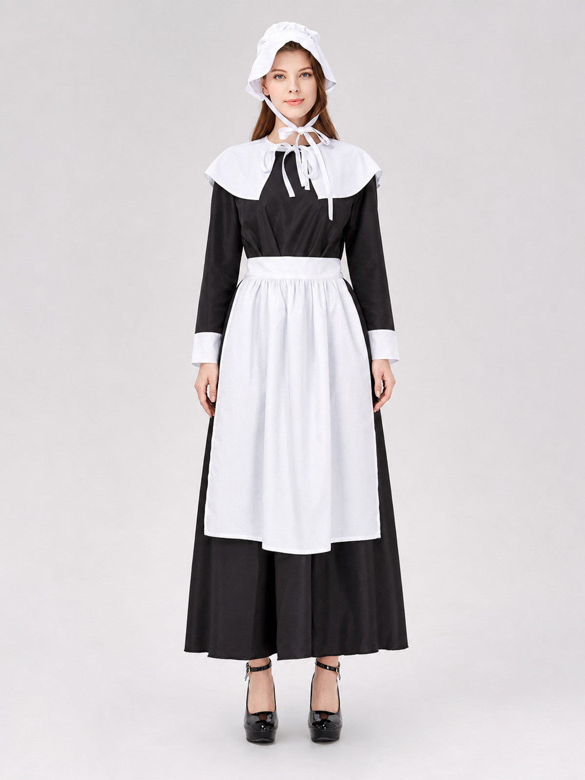 Black and White Maid Costume with Apron and Collar on-model view