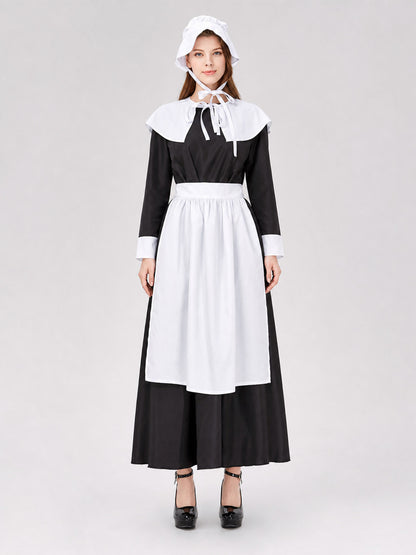 Black and White Maid Costume with Apron and Collar on-model view