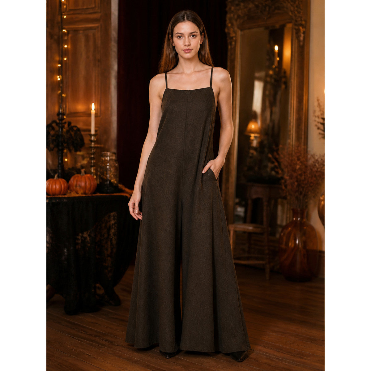Brown Wide-Leg Suspender Jumpsuit, Full-Length One-Piece Overall With Thin Shoulder Straps, Bib Front And Flared Leg Silhouette