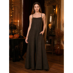 Brown Wide-Leg Suspender Jumpsuit, Full-Length One-Piece Overall With Thin Shoulder Straps, Bib Front And Flared Leg Silhouette