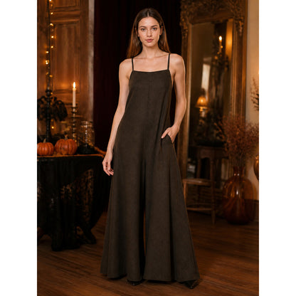 Brown Wide-Leg Suspender Jumpsuit, Full-Length One-Piece Overall With Thin Shoulder Straps, Bib Front And Flared Leg Silhouette