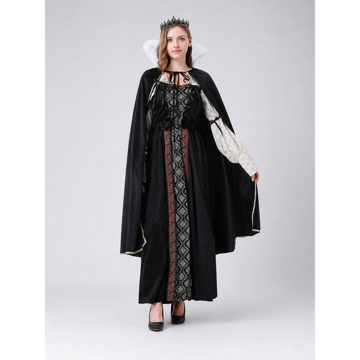 Queen Costume Dress with Cape and Crown on-model view