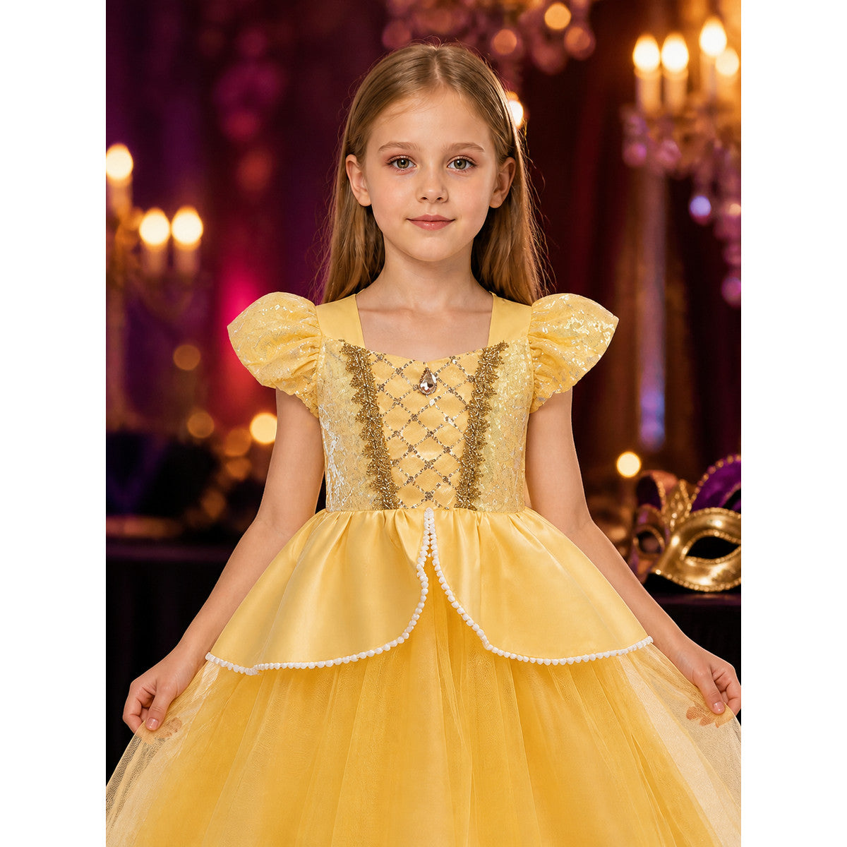 Girls Yellow Princess Costume Dress With Gold Trim, Puff Sleeves and Layered on-model view