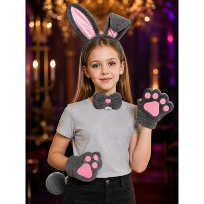 Girls' Gray Rabbit Costume Accessory Set With Ears, Paw Gloves, Bow Tie And Tail