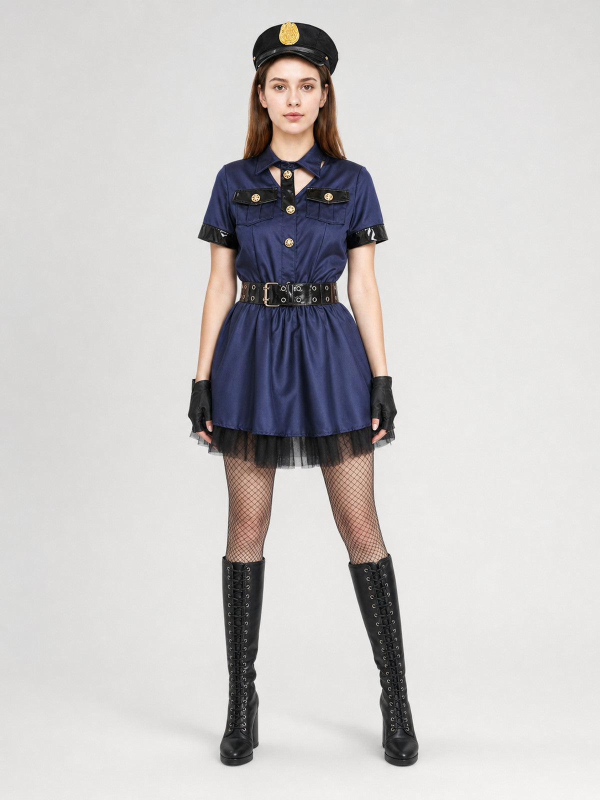 Navy Blue Uniform-Style Costume Dress on-model view