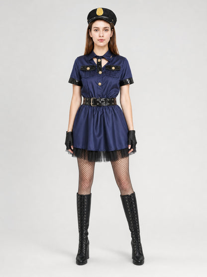 Navy Blue Uniform-Style Costume Dress on-model view