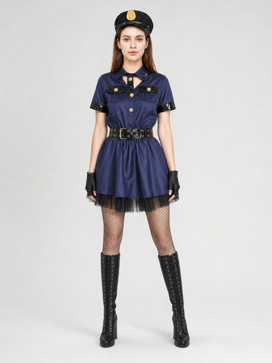 Navy Blue Uniform-Style Costume Dress on-model view