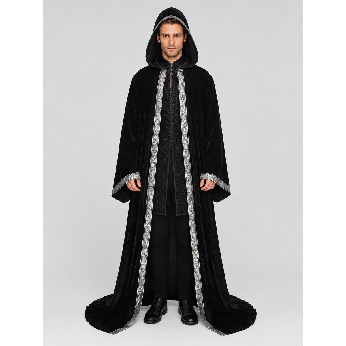 Gothic Black Hooded Cloak Cape with Ornament on-model view
