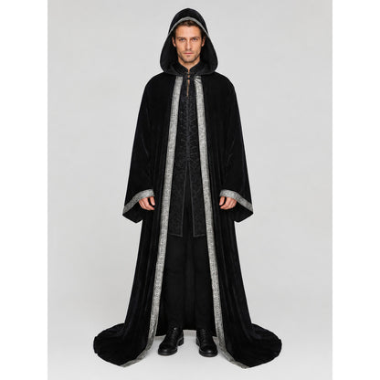 Gothic Black Hooded Cloak Cape with Ornament on-model view