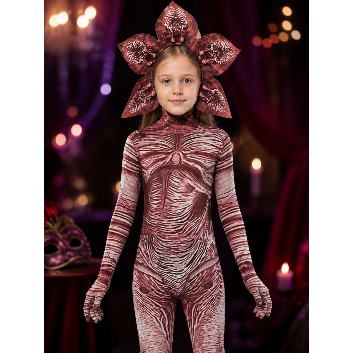 Creepy Carnivorous Plant Costume Set with Flower Headpiece, Striped Bodysuit for on-model view