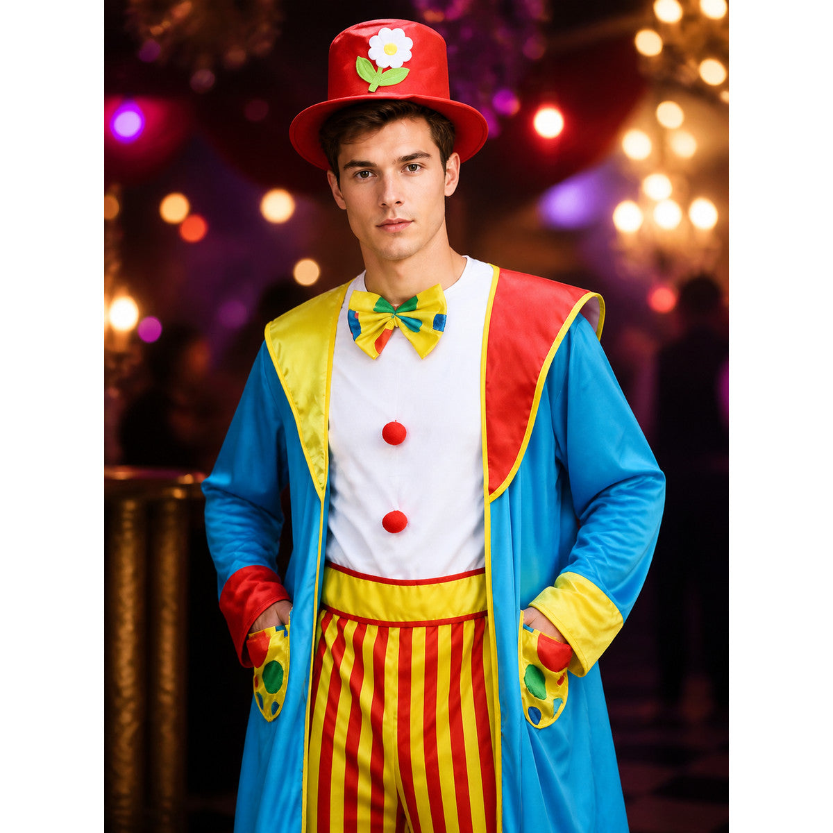 Unisex Clown Costume Set with Red Yellow Striped Jumpsuit, Blue Coat, Hat, Bow on-model view