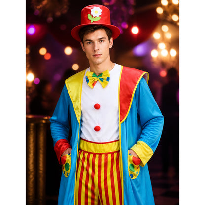 Unisex Clown Costume Set with Red Yellow Striped Jumpsuit, Blue Coat, Hat, Bow on-model view