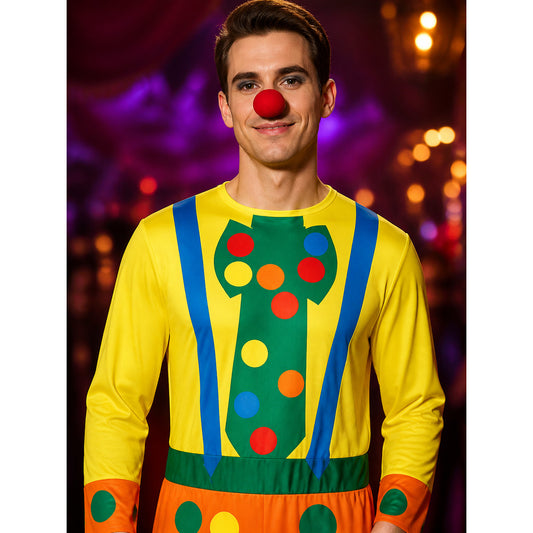 Unisex Clown Jumpsuit Costume with Polka Dot Print and Matching Hat on-model view