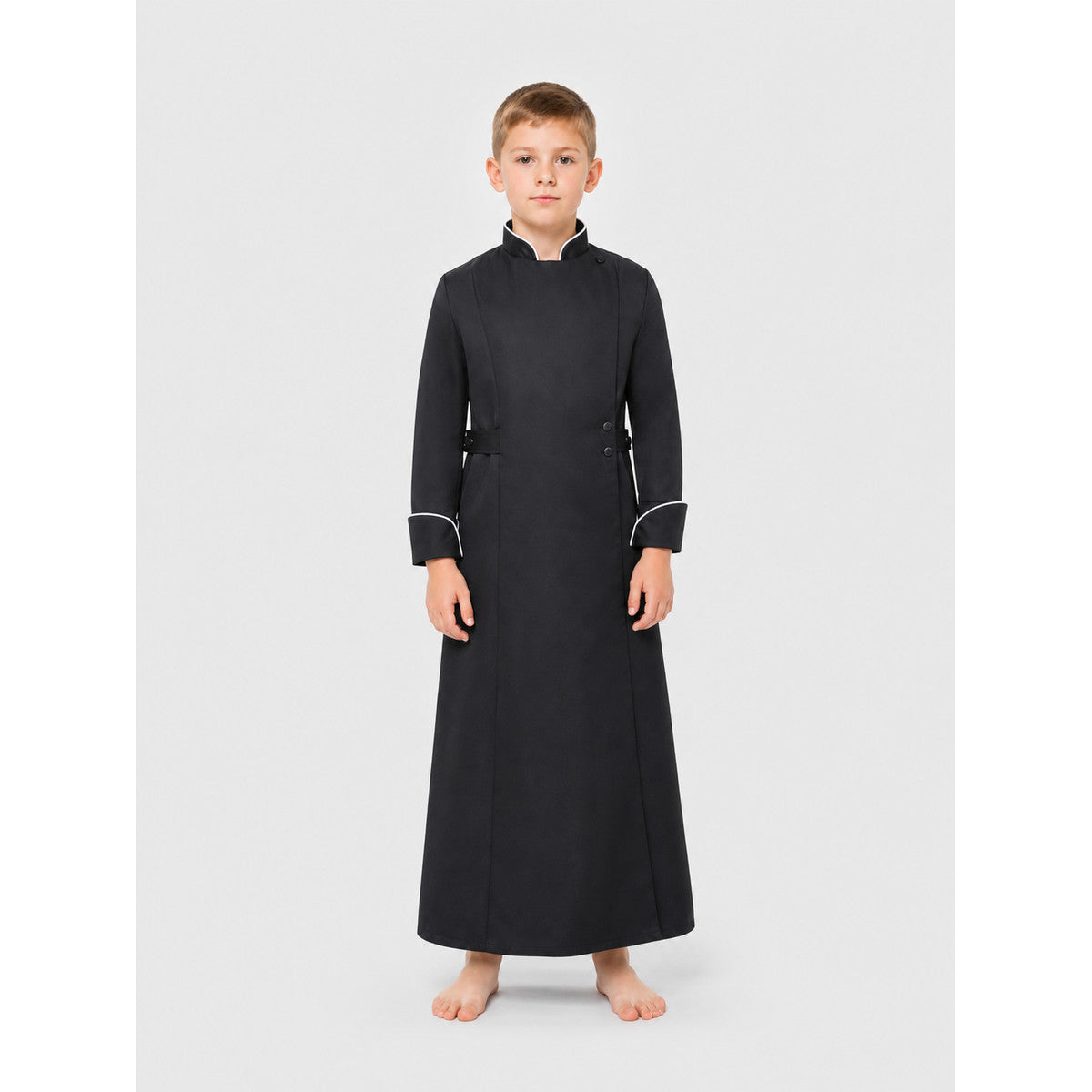Black Long Cosplay Cassock with White Trim on-model view