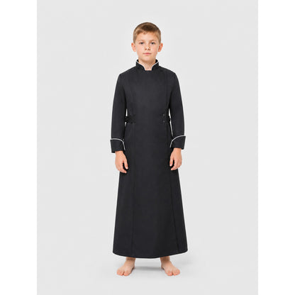 Black Long Cosplay Cassock with White Trim on-model view