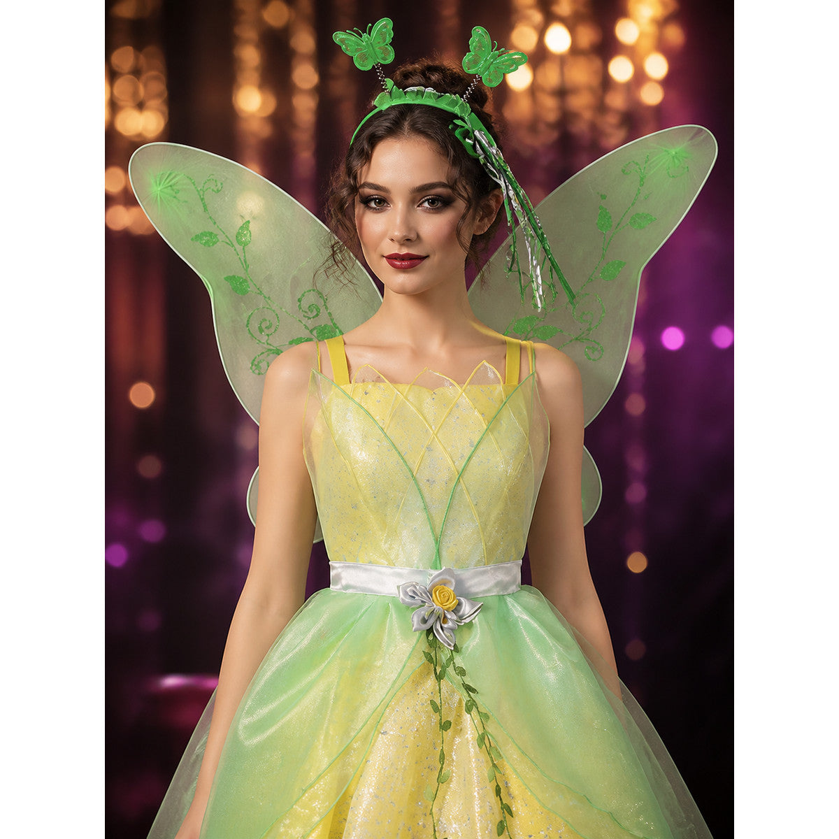 Girl's Fairy Princess Costume Set with Green Dress, Butterfly Wings, Hairband & on-model view