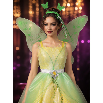 Girl's Fairy Princess Costume Set with Green Dress, Butterfly Wings, Hairband & on-model view
