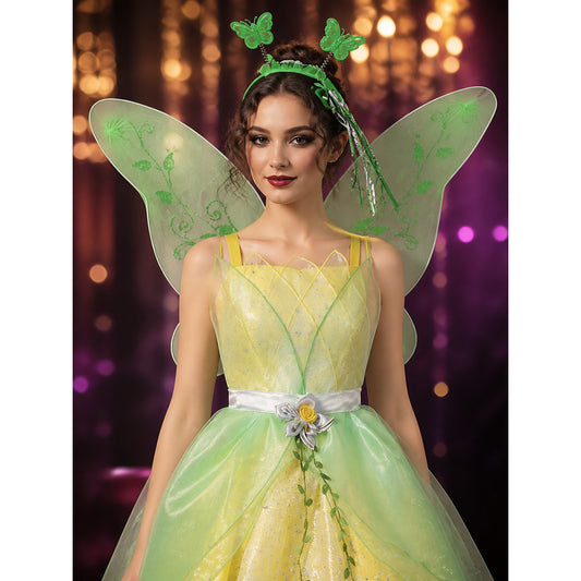 Girl's Fairy Princess Costume Set with Green Dress, Butterfly Wings, Hairband on-model view