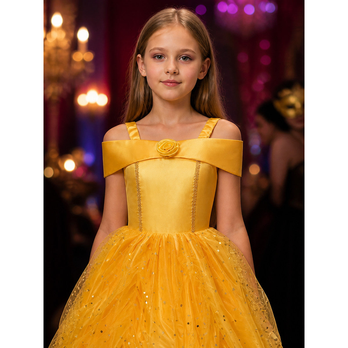 Girls Gold Yellow Sequined Tutu Princess Dress with Bow and Rose, Halter Neck