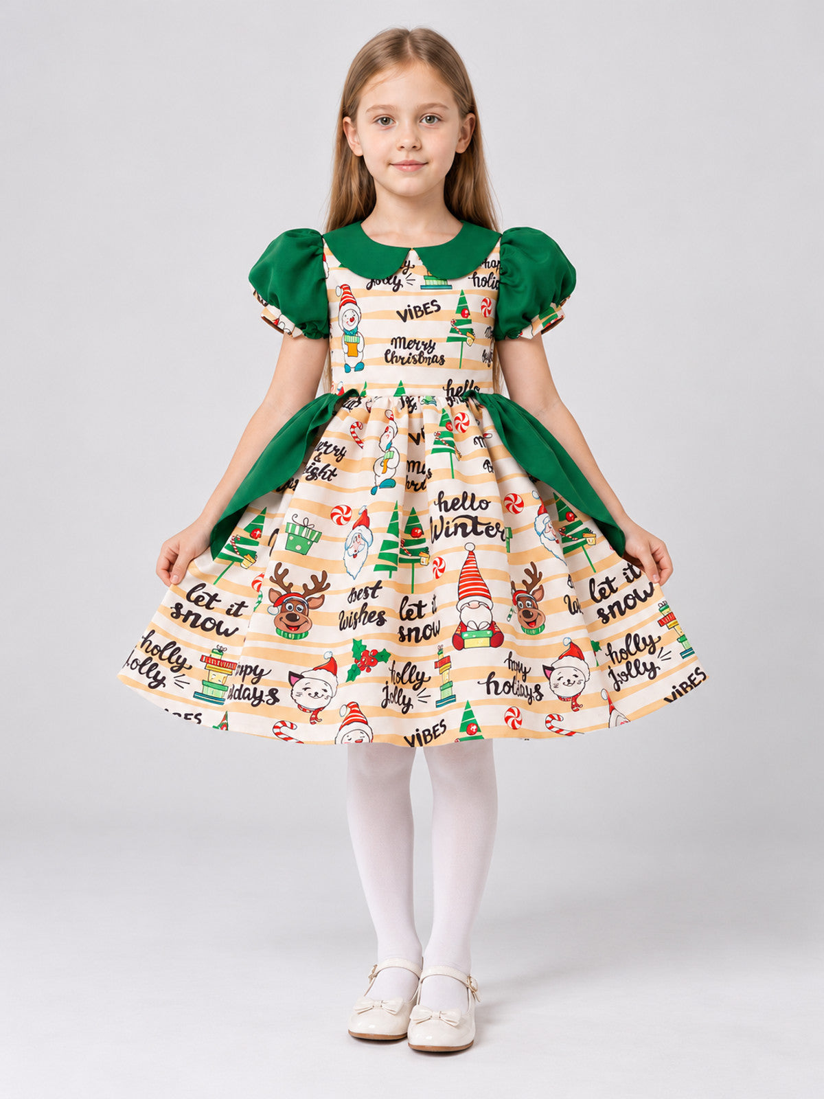 Dressy Girls' Dress with Christmas Print