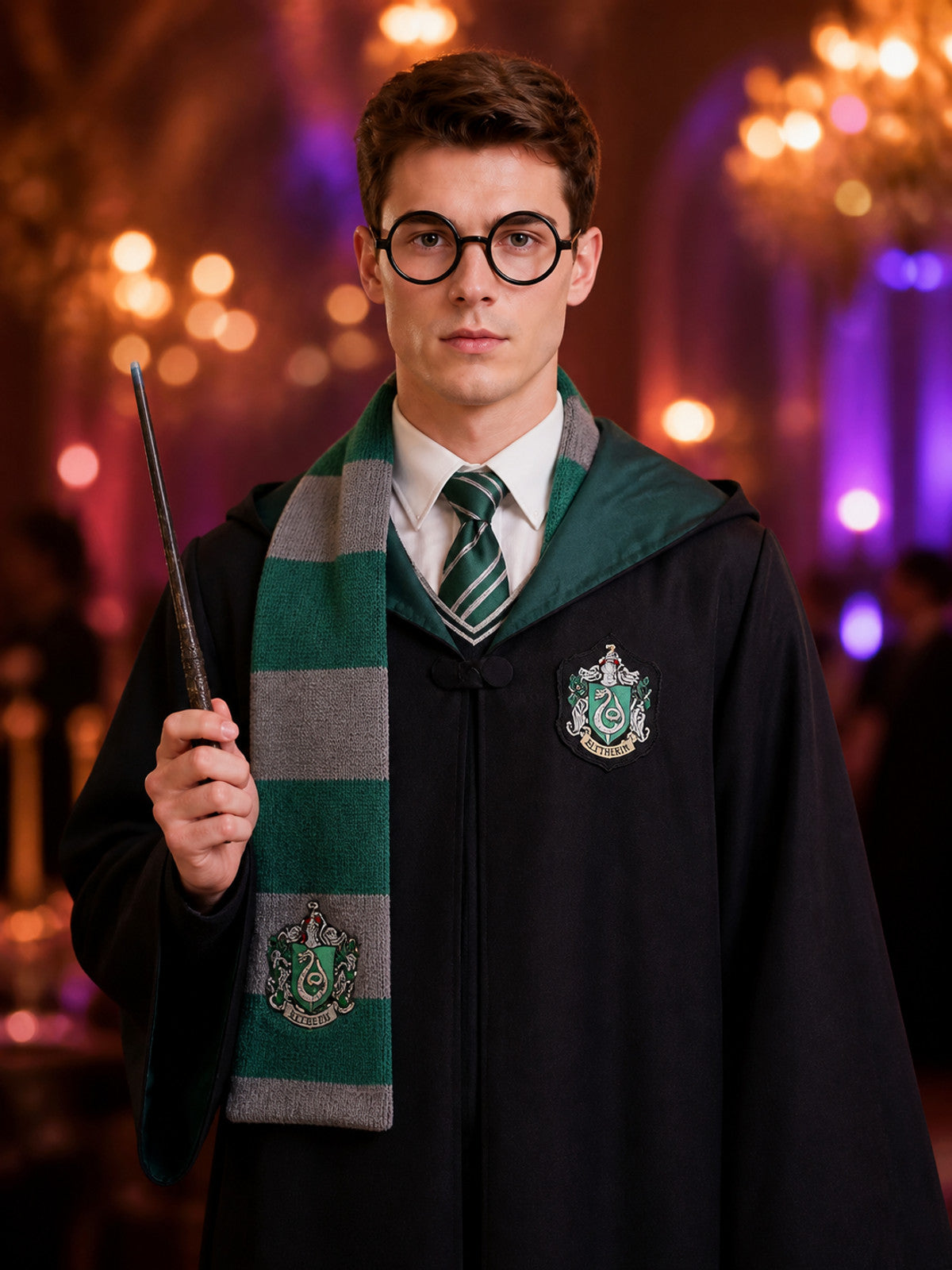 Slytherin-Themed Hooded Wizard Robe Costume Set With Scarf, Tie, Glasses And on-model view