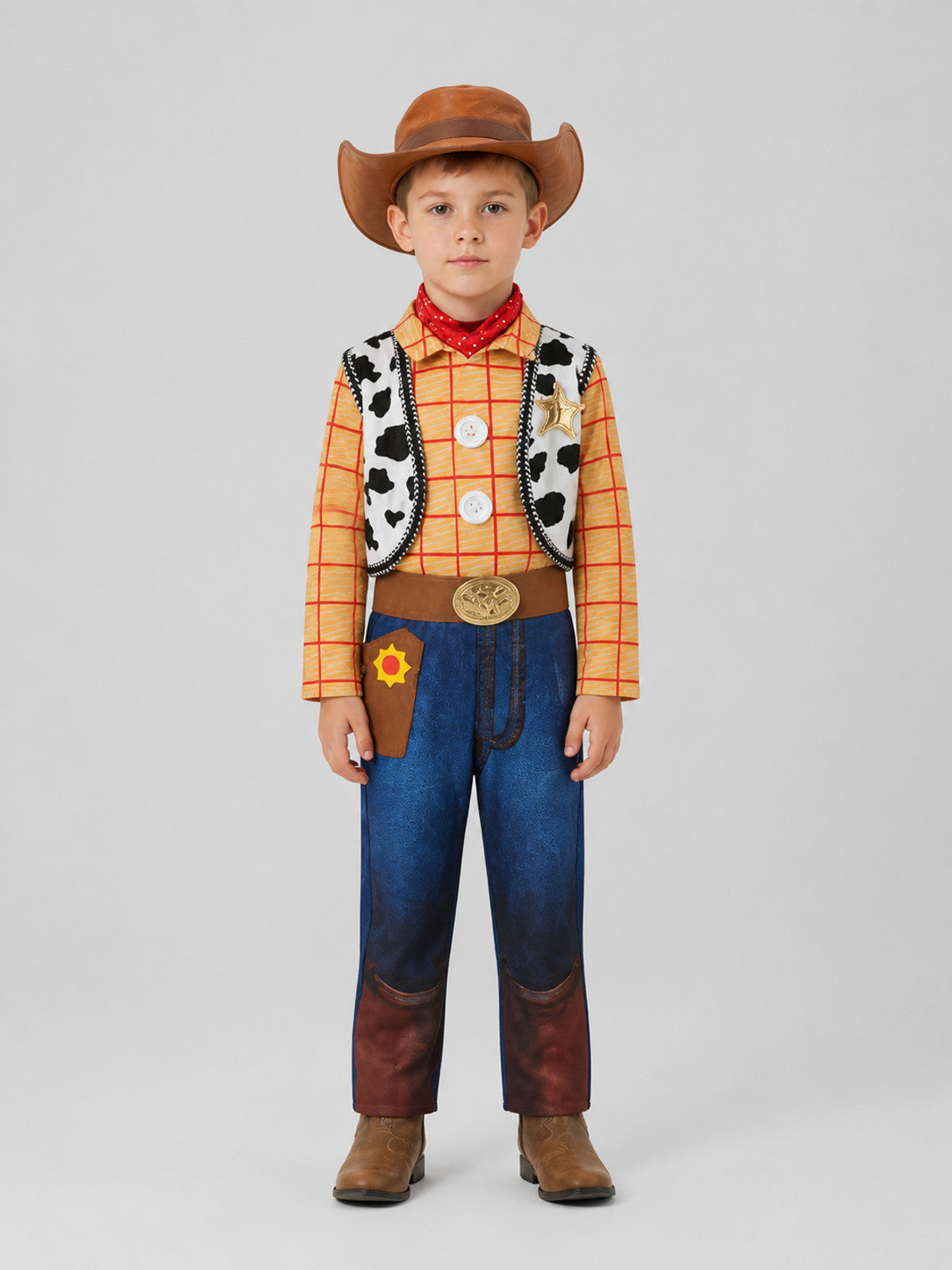Woody Children's One-Piece Costume with Hat and Scarf on-model view