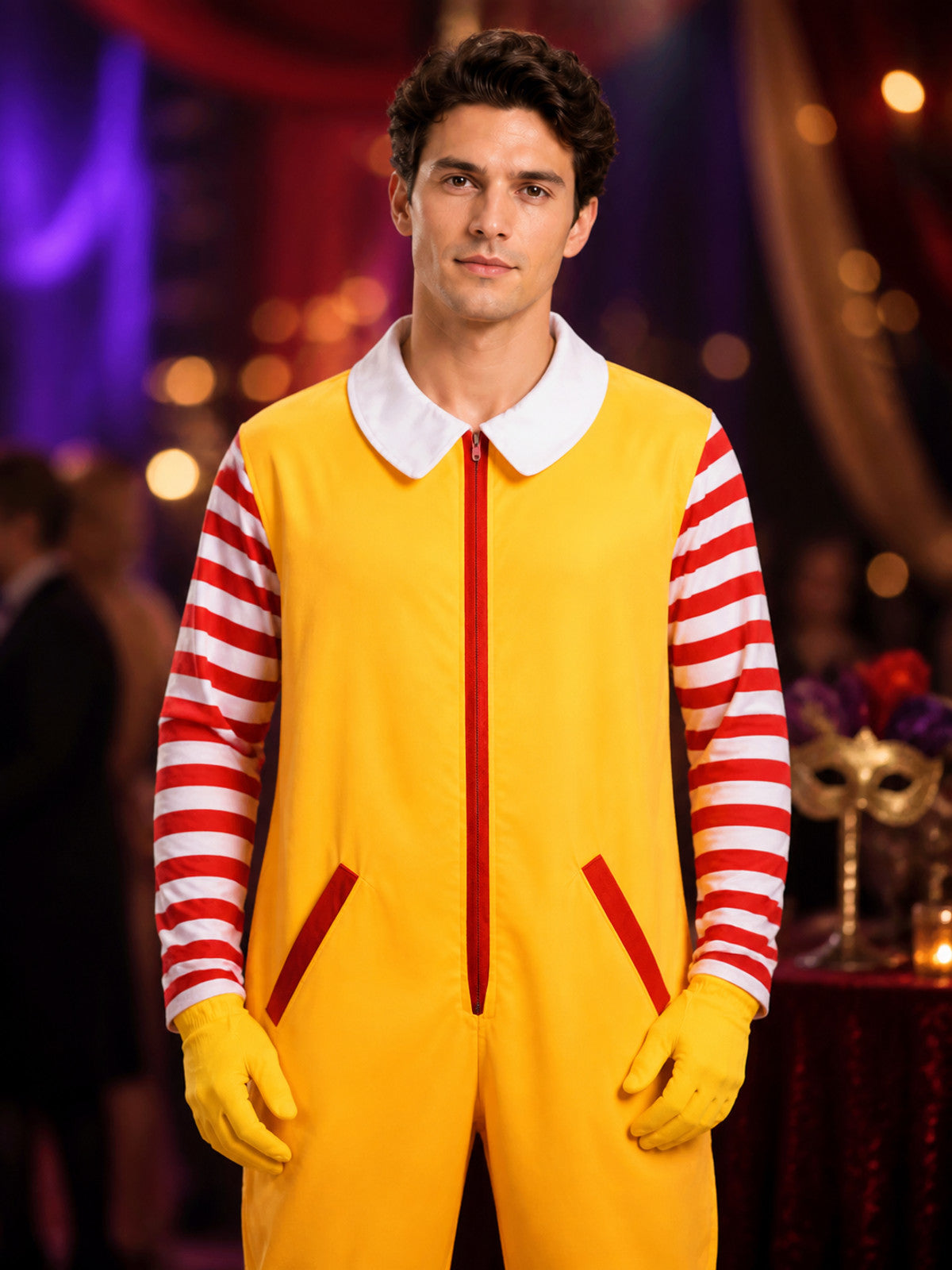 Red and Yellow Clown Jumpsuit Costume, Striped Sleeves, Cosplay Performance on-model view