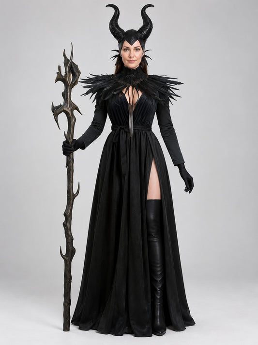 Witch costume: long black floor-length dress, feathers, horns
