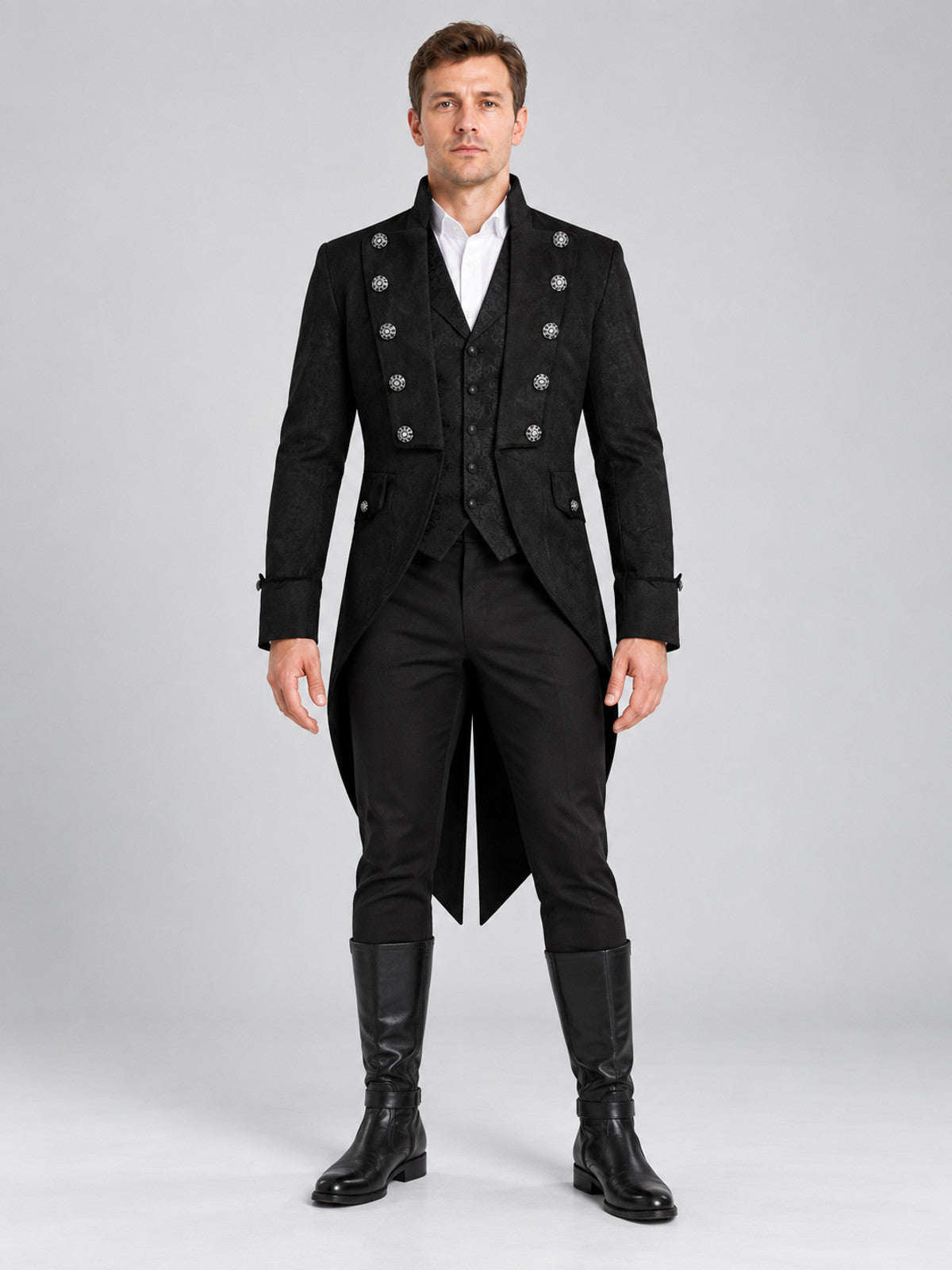 Black tailcoat with high collar and silver buttons