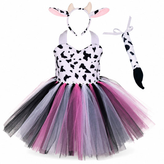 Baby Girls Halloween Animal Cosplay Costume Kids Forest Theme Giraffe Cows Tiger Leopard Zebra Print Tutu Dress Birthday Party - Color:3