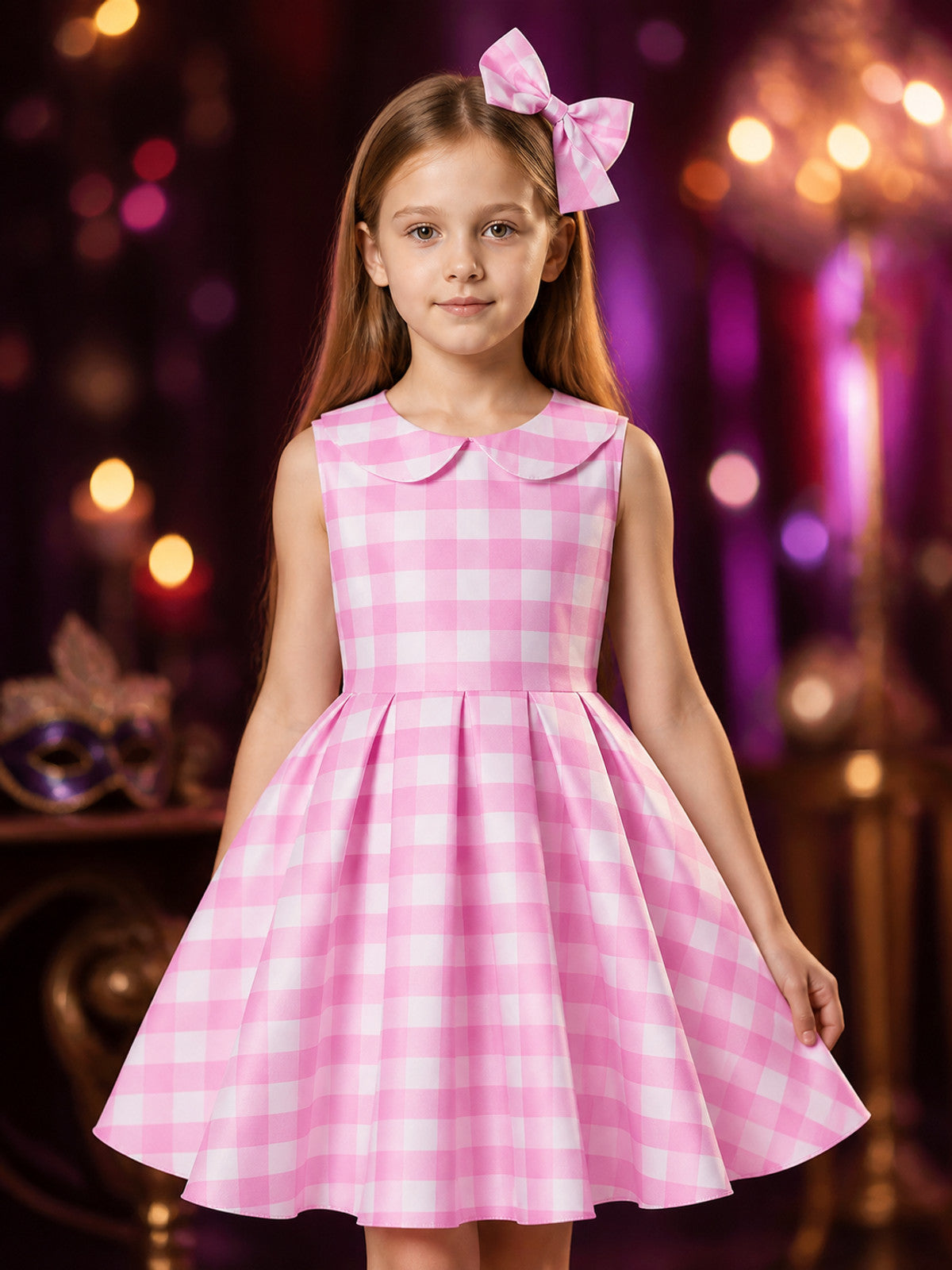 Kids' Pink and White Plaid Princess Dress Costume Set with Bow Headband on-model view