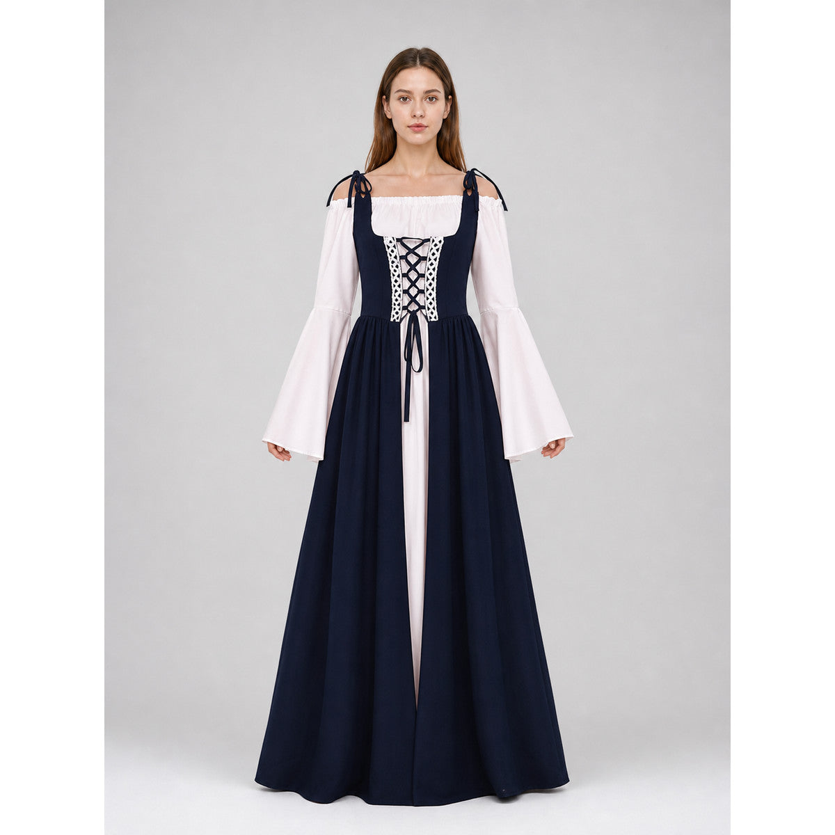 Renaissance-style dress with corset lacing and wide sleeves