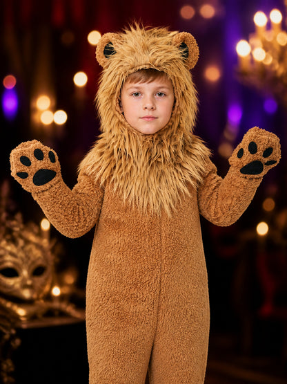 Lion Hooded Animal Costume Bodysuit, Plush Furry Jumpsuit for Halloween
