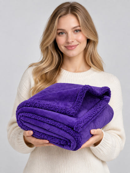 Purple Reversible Polyester Dog Blanket on-model view