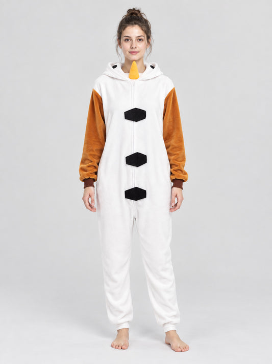 White fleece hooded pajama jumpsuit with zipper