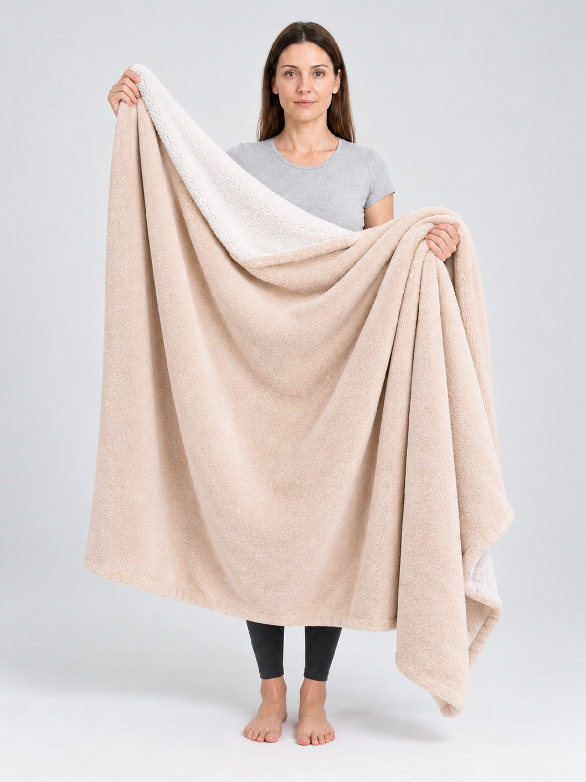 Two-Layer Reversible Flannel and Sherpa Blanket, Beige