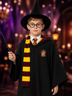 Harry Potter Wizard Costume Set, Hooded Cloak, Pointed Hat, Tie, Scarf, Wand and Glasses