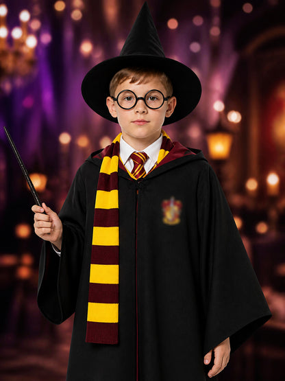 Wizard Costume Set, Hooded Cloak, Pointed Hat, Tie, Scarf, Wand and Glasses for