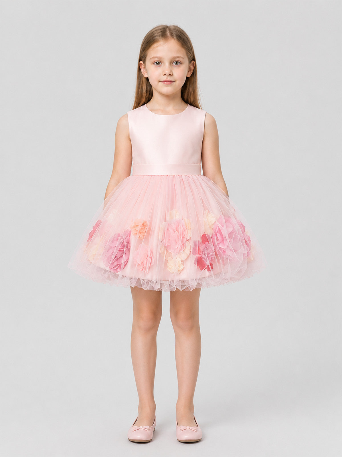 Pink Party Dress with a Full Tulle Skirt and Flowers