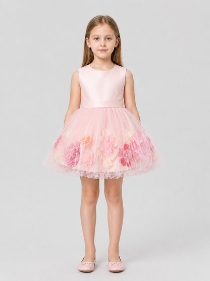 Pink Party Dress with a Full Tulle Skirt and Flowers